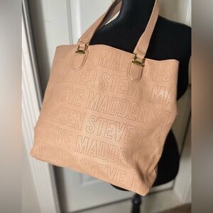 Steve Madden~Neutral~Nude~Soft~Perforated Logo~Tote Bag~Synthetic~Gold Hardware